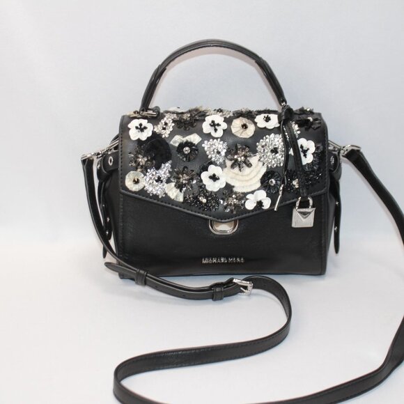 Michael Kors Black Sequined Floral Applique Bristol Small Top Handle Satchel - Picture 1 of 14